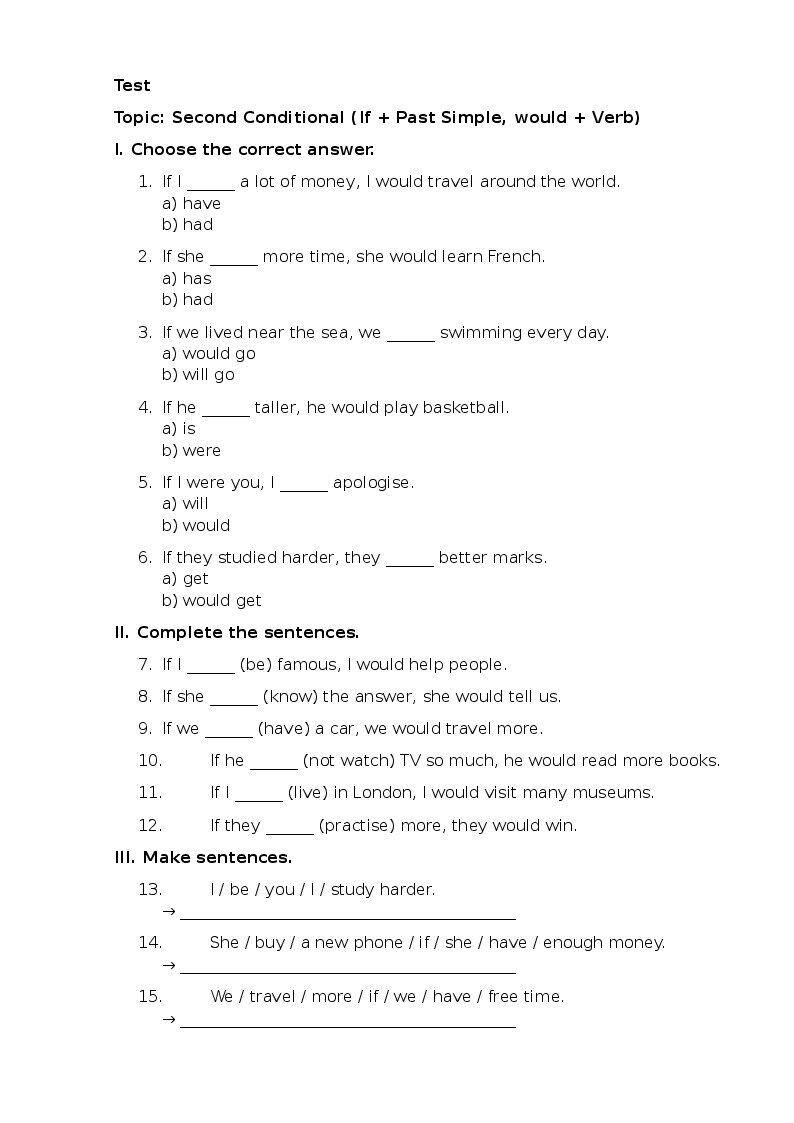 Test Second Conditional (If + Past Simple, would + Verb) | Тест ...