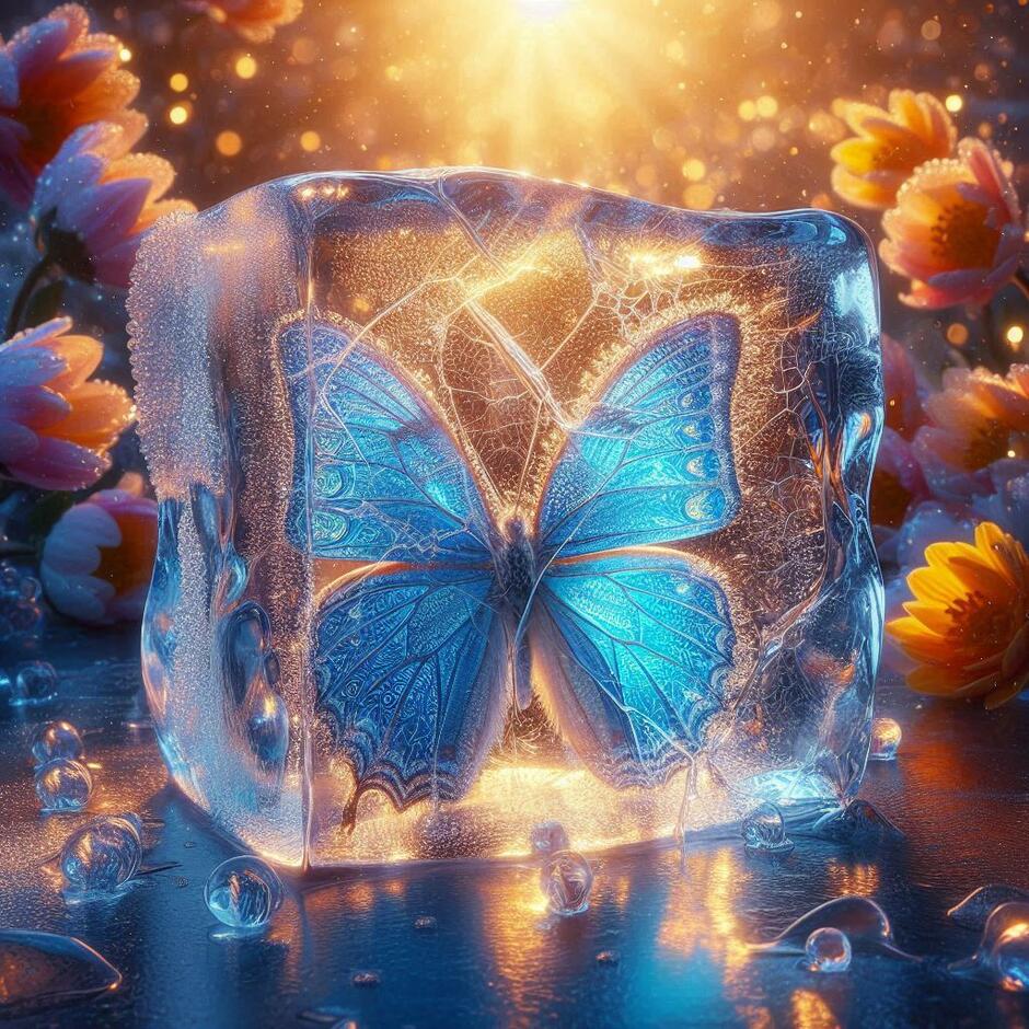 Prompt: A beautiful, fragile blue butterfly with translucent wings is partially trapped inside a block of clear, cracking ice. Golden sunlight shines through the ice, causing it to melt. Bright spring flowers are visible in the blurred background. Cinematic lighting, hyper-realistic, 8k, soft colors, emotional atmosphere.
