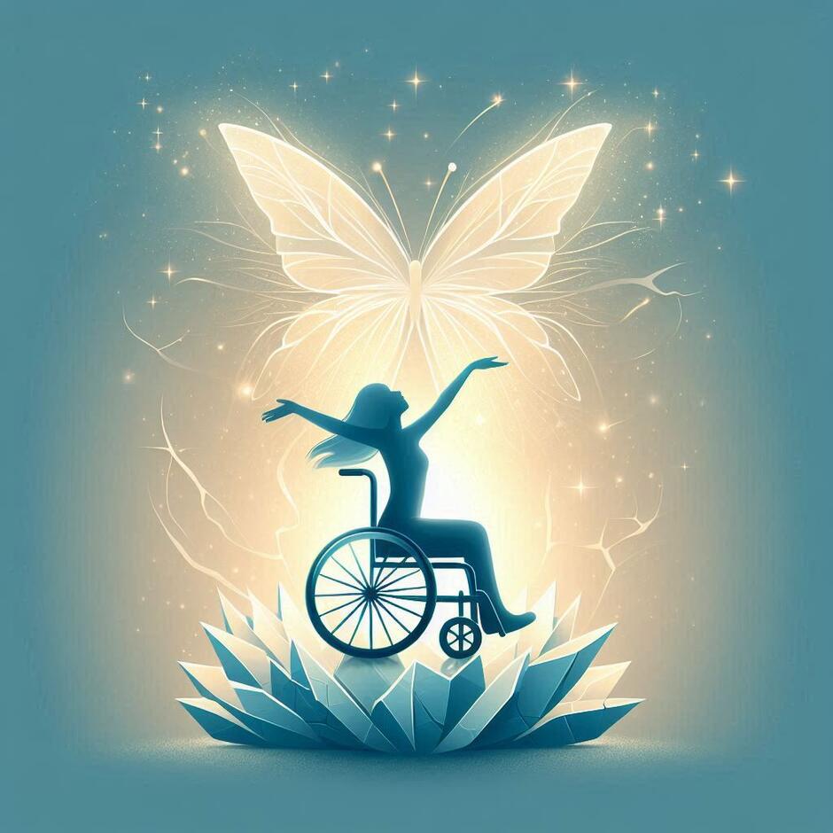 Prompt: A stylized illustration of a girl's silhouette sitting in a wheelchair, made of glowing light. Above her, a large magical butterfly emerges from a cracked ice shell. Symbolism of freedom and inner strength. Pastel blue and warm gold palette, flat vector style or digital art, clean lines, professional educational cover.