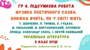 ГР 4. Підсумкова робота №3. Музика поетичного слова. Книжка вчить, як у світі жить. Українська література. 5 клас НУШ (підручник: Заболотний В. В. та ін.)