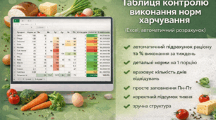 Таблиця контролю виконання норм харчування ЗДО (Excel, автоматичний розрахунок, тиждень + % виконання)