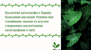 Екологічні катастрофи в Україні. Подолання наслідків. Різниця між стихійними лихами та штучно створеними екологічними катастрофами в світі.