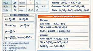 Шпаргалка з хімії 7–9 клас: основні елементи, формули, реакції та властивості неорганічних сполук