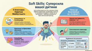 Інфографіка для батьків "Розвиток Soft Skills (м'яких навичок): що важливіше за професійні знання у 21 столітті" (профорієнтаційна робота в ЗДО)