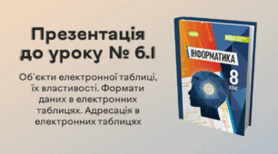 Презентація до уроку № 6.1 за темою «Об'єкти електронної таблиці, їх властивості. Формати даних в електронних таблицях. Адресація в електронних таблицях»