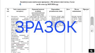 Індивідуальна навчальна програма з музичного мистецтва на ІІ семестр,  4 клас,  НУШ, для учня з ООП, 4 рівень підтримки