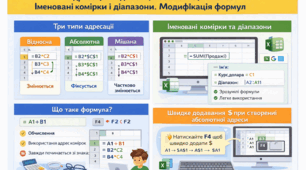 Адресація: відносна, абсолютна, мішана. Іменовані комірки і діапазони. Модифікація формул.