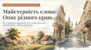 Письмовий твір-опис місцевості (села, міста) на основі особистих спостережень і вражень у художньому стилі з використанням речень, ускладнених однорідними членами речення.