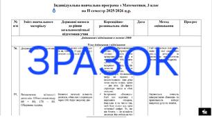 Індивідуальна навчальна програма з математики  на ІІ семестр,  3 клас,  НУШ, для учня з ООП, 4 рівень підтримки