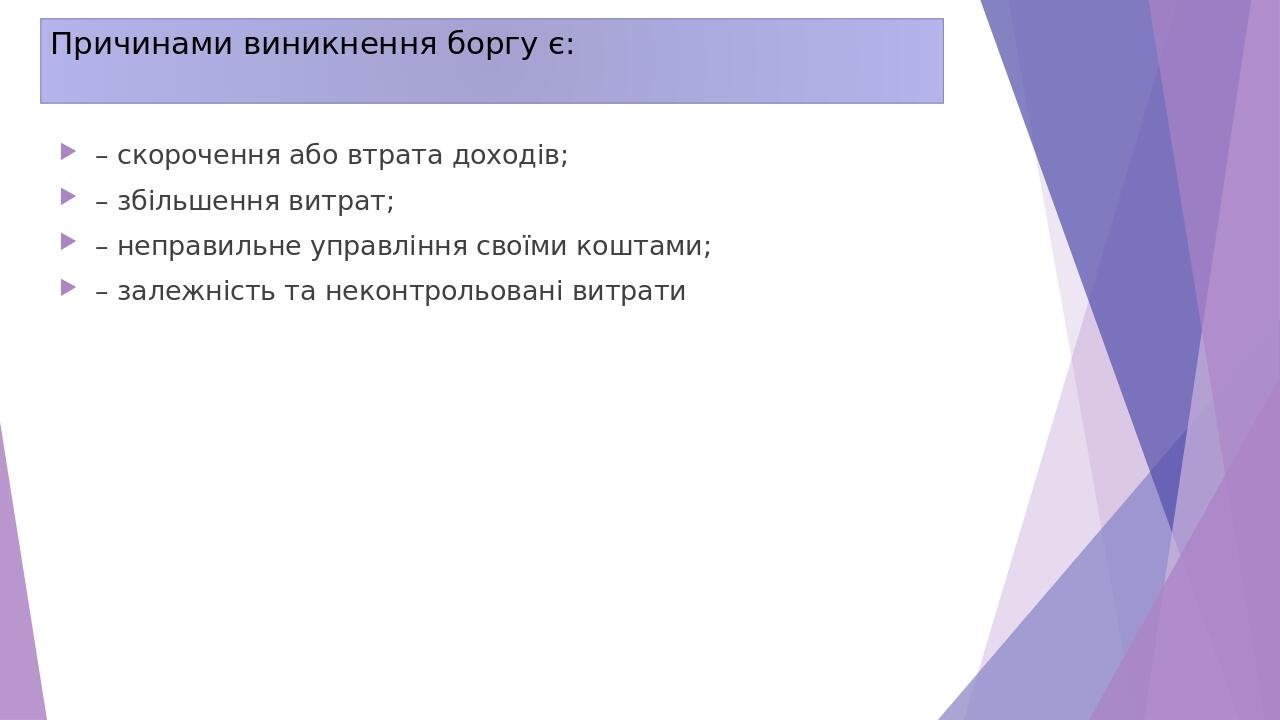 Причинами виникнення боргу є: – скорочення або втрата доходів; – збільшення витрат; – неправильне управління своїми коштами; – залежність та неконт...