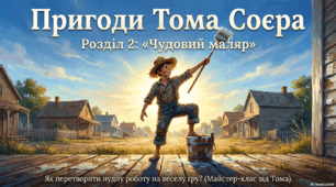 «Пригоди Тома Соєра» (Розділ другий "Чудовий маляр"). Витівки та пригоди героїв; їхня дружба й стосунки зі світом дорослих.