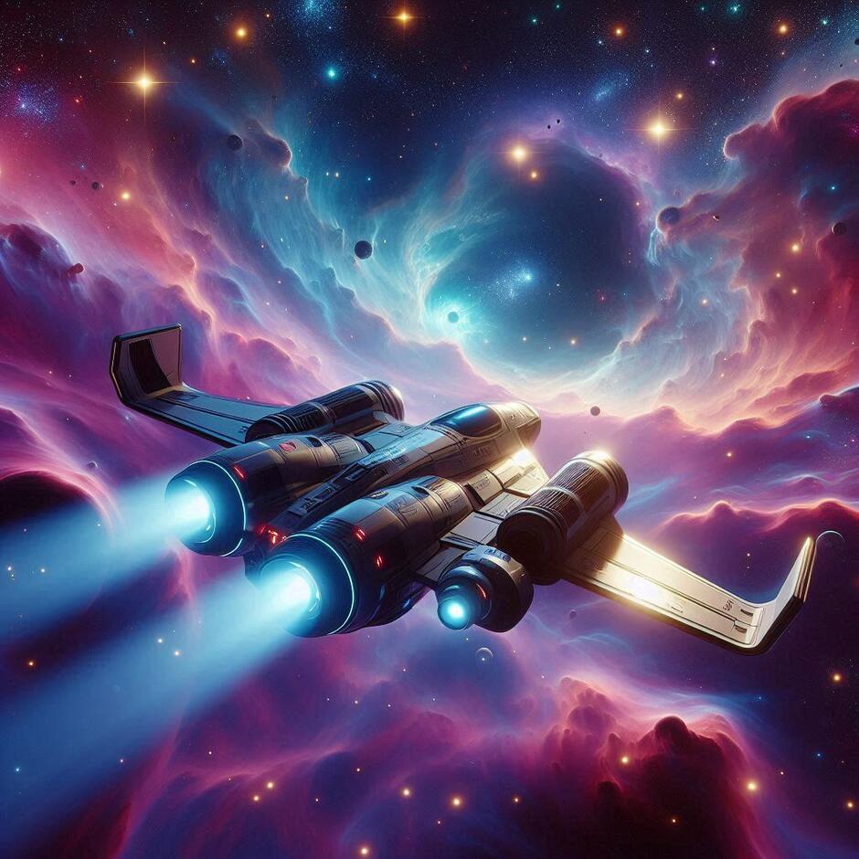 Futuristic small spaceship "Stray Sparrow" flying through a colorful nebula in deep space. Cinematic lighting, sci-fi concept art, bright stars, 8k, Pixar style.