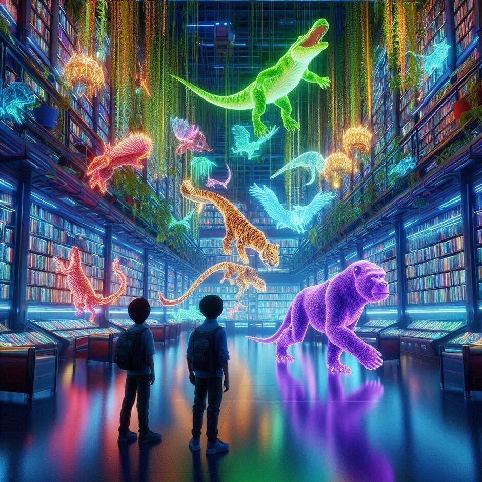 Futuristic spaceship library with glowing vines and lianas. Vibrant neon holographic crocodile, jaguar, and purple gorilla walking between shelves. Two teenage boys watching with amazement. Pixar style, bright colors, 8k.
