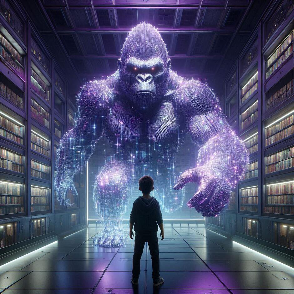 A massive holographic gorilla made of glowing purple digital pixels attacking a boy in a futuristic spaceship library. High-tech metallic bookshelves in the background. The gorilla is semi-transparent and flickering. Cinematic sci-fi lighting, 8k, detailed atmosphere, Pixar style.