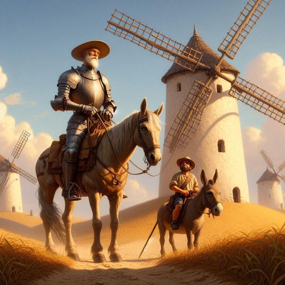 Don Quixote and Sancho Panza near large windmills in the Spanish countryside. Don Quixote is a tall, very thin knight in old armor riding a skinny horse with a lance. Sancho Panza is short and round, riding a donkey in simple peasant clothes. Big windmills on a hill, sunny sky, classic book illustration style.