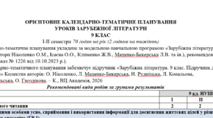 КТП з групами результатів із зарубіжної літератури 9 клас НУШ (70 год.) до підручника Ніколенко О.