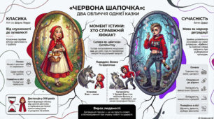 Інфограма  до уроку "Два обличчя однієї казки: сатирична казка Є. Дударя «Червона Шапочка» у порівнянні з класичним сюжетом Ш. Перро. "