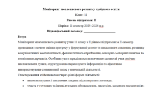Моніторинг ДЛЯ ЛОГОПЕДА 11 клас 2 рівень ІІ семестр(можу зробити індивідуально за потребами пишіть в особисті)