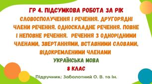 ГР 4. Підсумкова робота за рік. Українська мова. 8 клас НУШ (підручник: Заболотний О. В. та ін.)