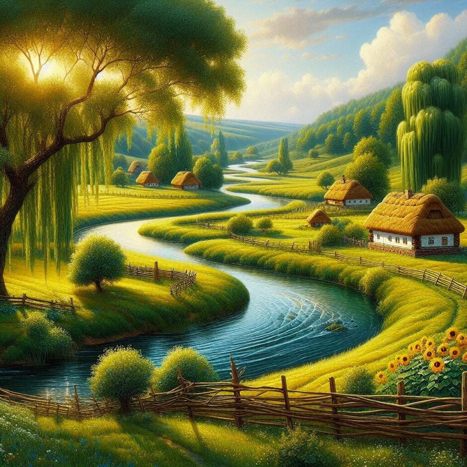 Prompt: A breathtaking Ukrainian landscape painting in the style of 19th-century realism. A wide valley with a small river, Rastavytsya, winding like a serpent through emerald green meadows. Thick, velvet-like willow trees leaning over the water. White traditional huts with thatched roofs peeking through the greenery. Bright sunflowers looking over the fences. Golden sunlight of a summer evening, peaceful and idyllic atmosphere. High detail, oil on canvas texture.
