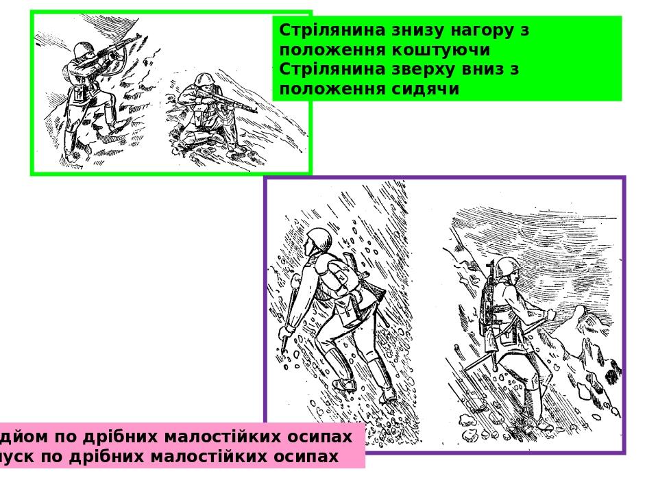 Стрілянина знизу нагору з положення коштуючи Стрілянина зверху вниз з положення сидячи Підйом по дрібних малостійких осипах Спуск по дрібних малост...