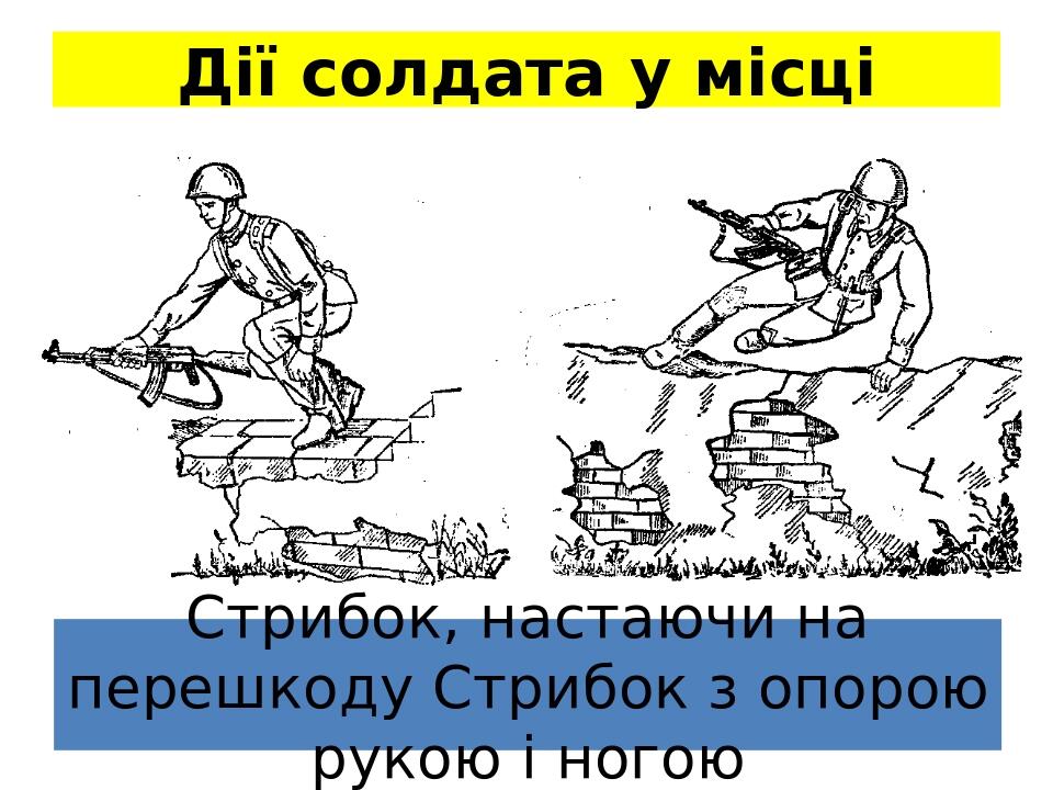 Стрибок, настаючи на перешкоду Стрибок з опорою рукою і ногою Дії солдата у місці