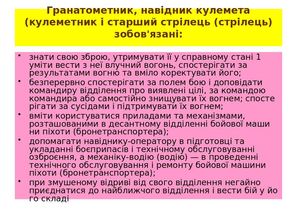Гранатометник, навідник кулемета (кулеметник і старший стрілець (стрілець) зобов'язані: знати свою зброю, утримувати її у справному стані 1 уміти в...