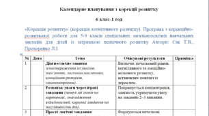 Календарне планування з корекції розвитку 6 клас-1 год/тиж. на І та ІІ семестр --ЗПР(2)----ПСИХОЛОГ(можу зробити індивідуально за потребами пишіть в особисті)