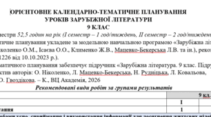 КТП з групами результатів із зарубіжної літератури 9 клас НУШ (52,5 год.: I семестр – 1 год/тиждень, II семестр – 2 год/тиждень) до підручника Ніколенко О.