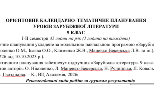 КТП з групами результатів із зарубіжної літератури 9 клас НУШ (35 год.) до підручника Ніколенко О.