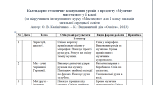 Календарно-тематичне планування уроків з предмету «Музичне мистецтво» у 1 класі (за підручником інтегрованого курсу «Мистецтво» Автор: О. В. Калініченко---(можу зробити індивідуально за потребами, пишіть в особисті повідомлення, дякую).