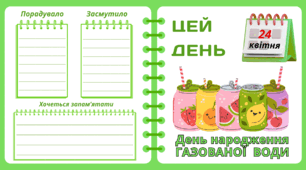 Рубрика "ЦЕЙ ДЕНЬ". 24 квітня - День народження  ГАЗОВАНОЇ  ВОДИ. "Комплект нашвидкуруч" для проведення тематичного дня у класі