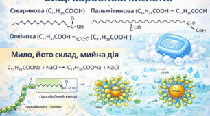 Вищі карбонові кислоти: стеаринова, пальмітинова, олеїнова. Мило, його склад, мийна дія.