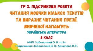 ГР 2. Підсумкова робота. Читання мовчки кількох текстів та виразне читання поезії, вивченої напам'ять. Українська література. 8 клас НУШ (МНП: Заболотний О. В. та ін.)