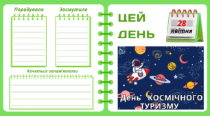 Рубрика "ЦЕЙ ДЕНЬ". 28 квітня - День КОСМІЧНОГО ТУРИЗМУ. "Комплект нашвидкуруч" для проведення тематичного дня у класі