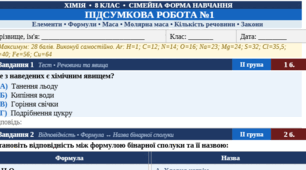 Підсумкова робота № 1 для учня, який навчається на сімейній формі з хімії