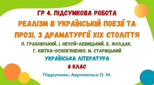 ГР 4. Підсумкова робота №4. РЕАЛІЗМ В УКРАЇНСЬКІЙ ПОЕЗІЇ ТА ПРОЗІ.  З ДРАМАТУРГІЇ ХІХ СТОЛІТТЯ. П. Грабовський, І. Нечуй-Левицький, Б. Жолдак,  Г. Квітка-Основ’яненко, М. Старицький. Українська література. 8 клас НУШ (підручник: Авраменко О. М.)
