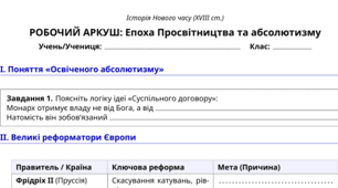 Робочий аркуш з історії Нового часу Епоха Просвітництва та освіченого абсолютизму (XVIII ст.)