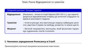 Робочий лист з історії: «Раннє Відродження та гуманізм — епоха віри в людину»