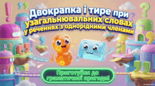 Двокрапка і тире при узагальнювальних словах у реченнях з однорідними членами. Тренувальні вправи