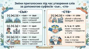 Зміни приголосних під час утворення слів за допомогою суфіксів -ськ-, -ств-