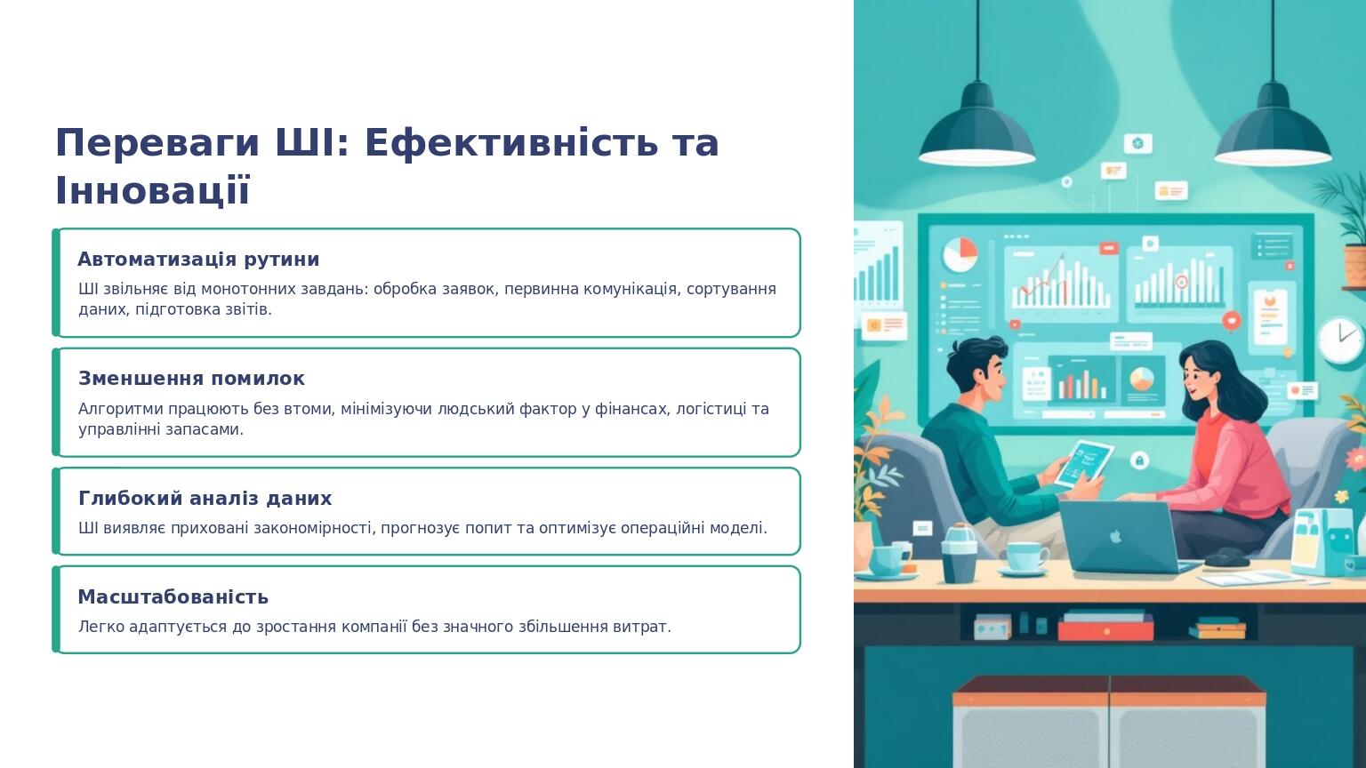 Переваги ШІ: Ефективність та Інновації Автоматизація рутини ШІ звільняє від монотонних завдань: обробка заявок, первинна комунікація, сортування да...