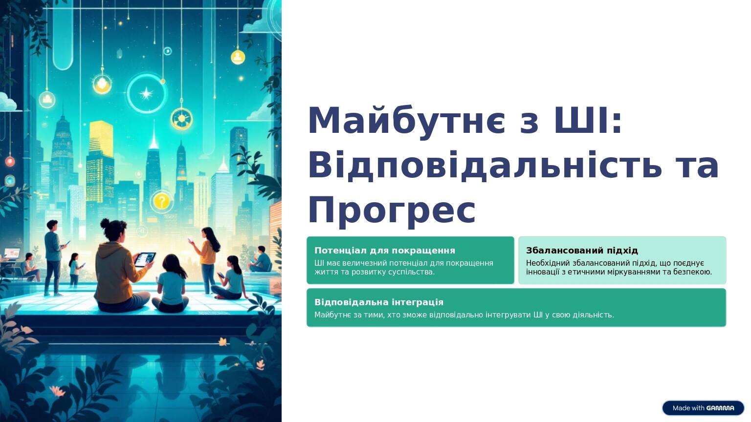 Майбутнє з ШІ: Відповідальність та Прогрес Потенціал для покращення ШІ має величезний потенціал для покращення життя та розвитку суспільства. Збала...