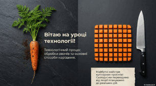 Проєкт "Страви з овочів".  Урок 2 "Технологічний процес обробки овочів. Основні способи нарізання овочів".