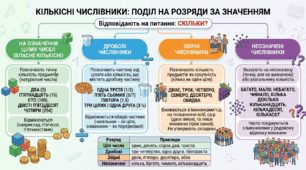 Інфографіка за темою: "Розряди  кількісних числівників: на означення цілих чисел, дробові, збірні. Неозначені числівники"