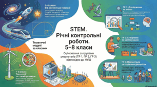 Річні контрольні роботи (і для екстернатної форми навчання) по STEM 5, 6, 7, 8 класи із відповідями за групами результатів + критерії оцінювання до них