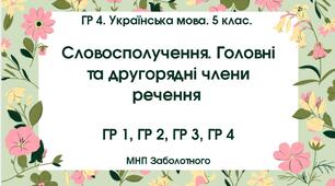 ГР 4. Українська мова. 5 клас. "Словосполучення. Головні та другорядні члени речення"; МНП Заболотного; 2 варіанти