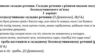 Контрольна робота "Безсполучникове складне речення. Складне речення з різними видами сполучникового та безсполучникового зв’язку"