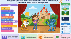 Сцена та звуки. Побудова проєктів з використанням кількох виконавців, зміненим тлом сцени та звуками. + (готовий проєкт)