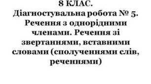 Діагностувальна робота. Речення з однорідними членами, зі звертаннями, вставними словами